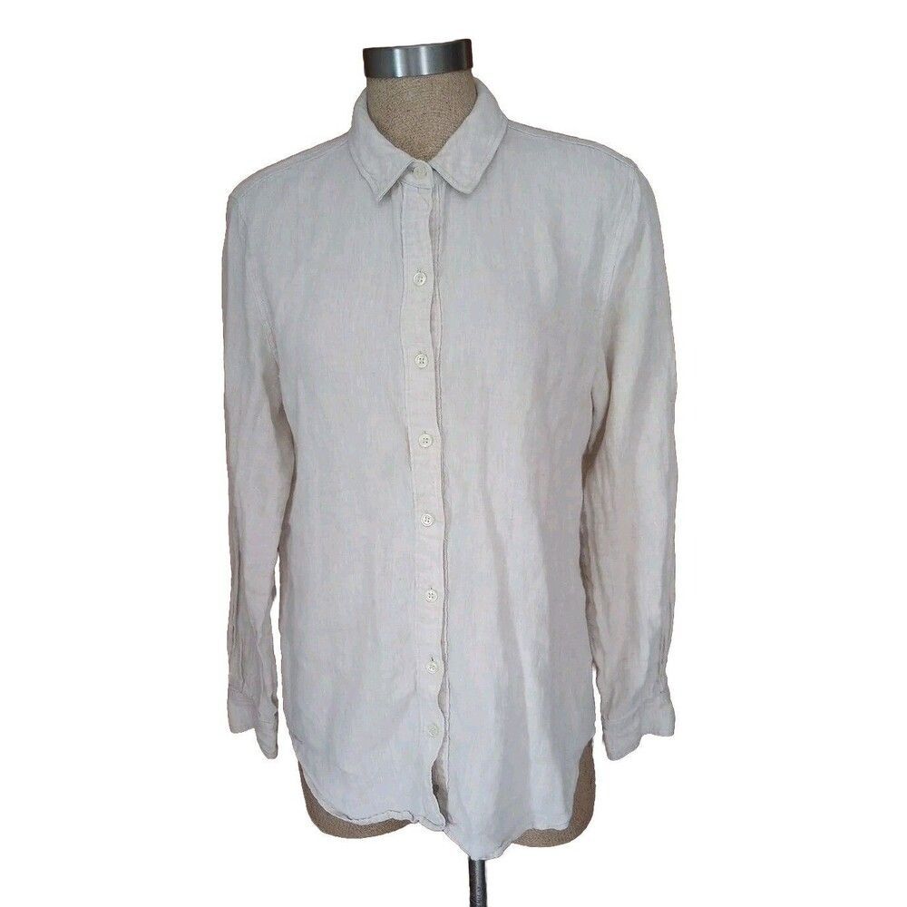 LORD & TAYLOR Top Womens Size L Linen Shirt Button Up Long Sleeve Woven Beige